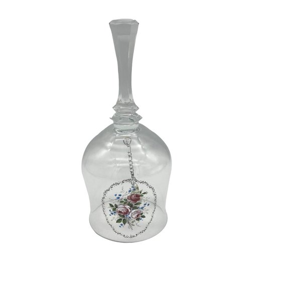 Clear Glass Bell with Glass Clapper Painted Rose Design 6.25" Tall - Picture 1 of 4